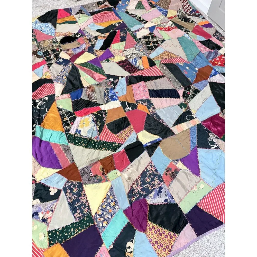 Antique Victorian Crazy Quilt Silk Satin Patchwork Hand Embroidered